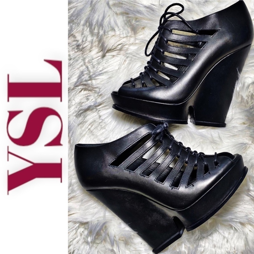 ❤️🔥❤️🔥❤️🔥 YSL Hortense Caged Lace Up Leather Wedge Booties, Size 6